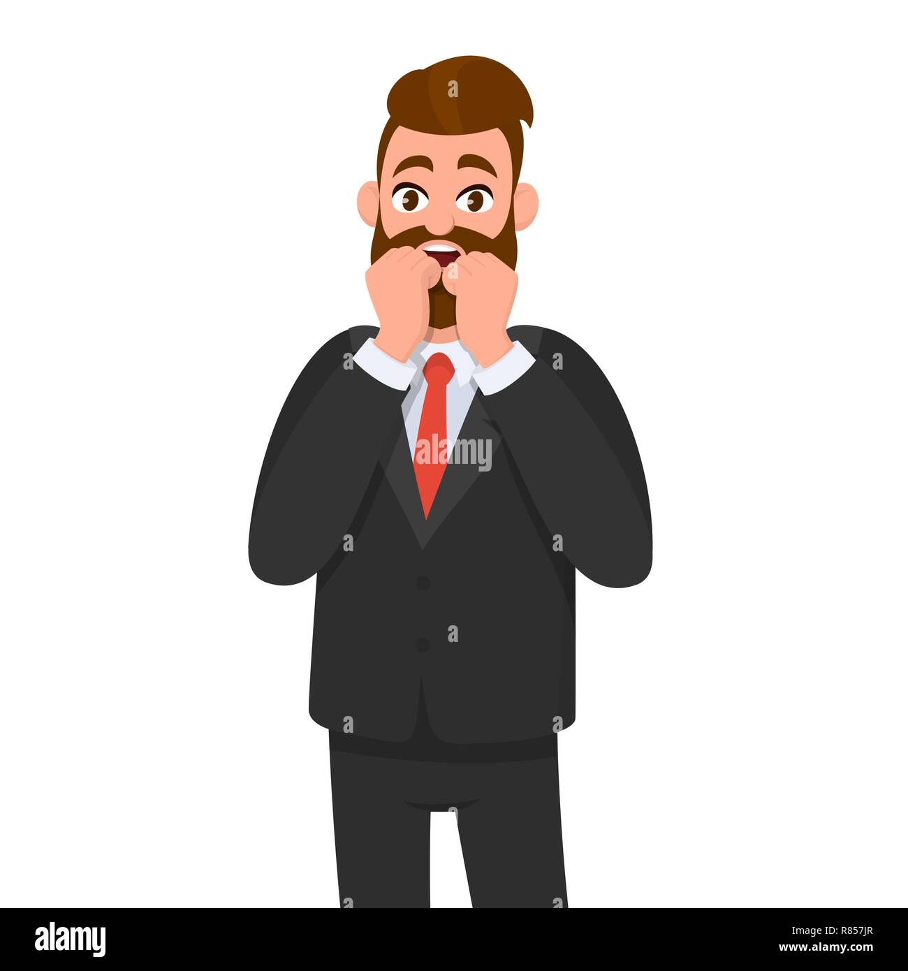 Young business man scared/terrified or shocked. Maybe he saw something frightening. Man keeping hands together on face and scared expression. Emotion Stock Vector