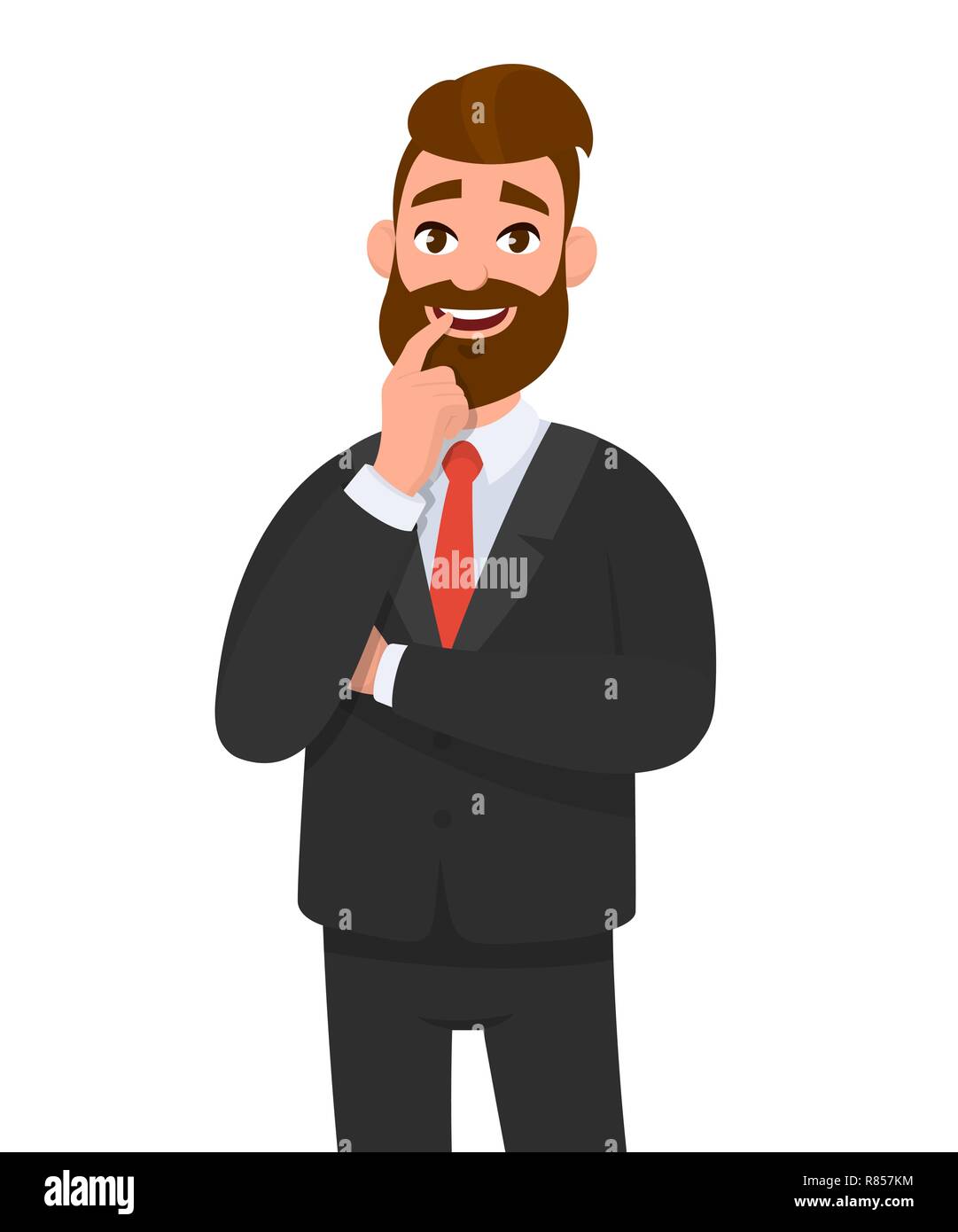 Happy young businessman holding index finger on mouth while crossed arm pose. Emotion and body language concept in cartoon style vector illustration. Stock Vector