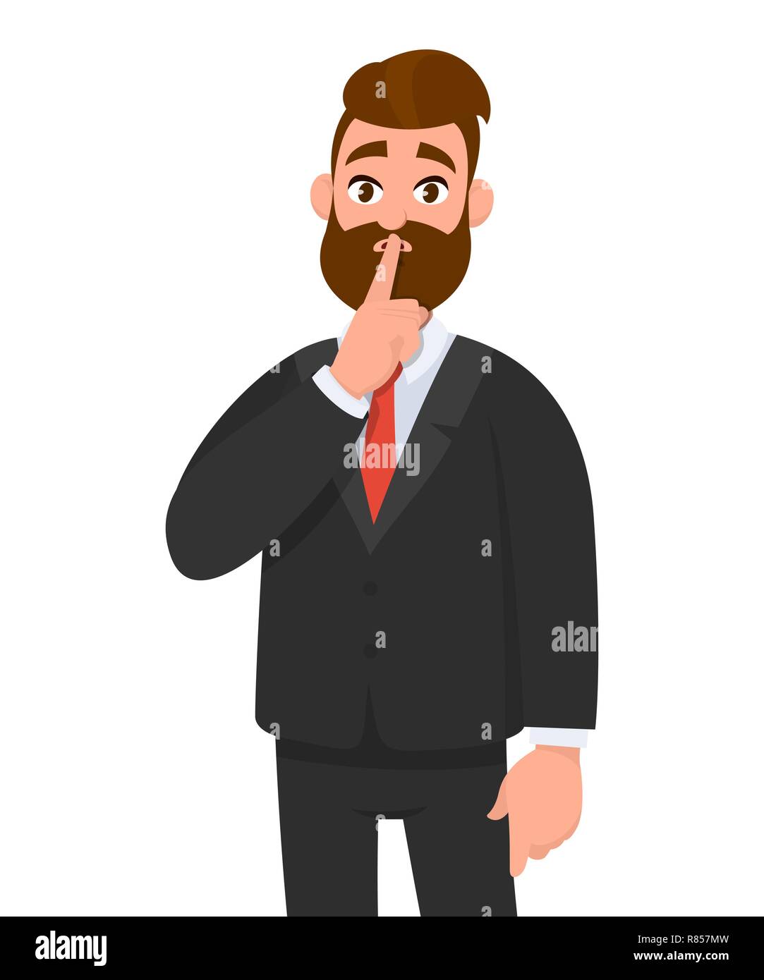 Business man asking silence please. Keep quiet. Man closed  his mouth with finger. Shut up! Emotion and body language concept in cartoon style vector Stock Vector