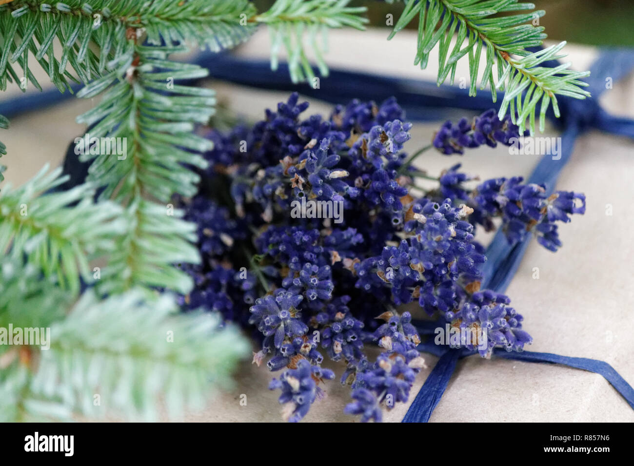 Craft paper present box tied from blue rope Stock Photo - Alamy