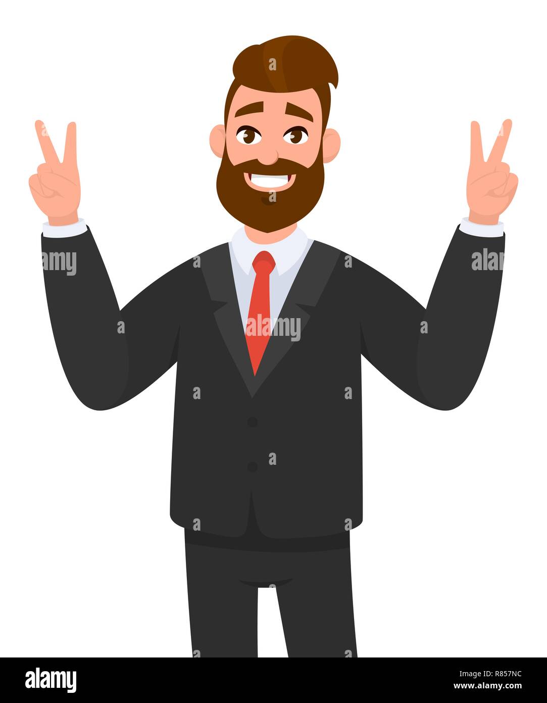 Successful business man showing v or victory sign and standing isolated white background. Business and financial success winning concept illustration  Stock Vector