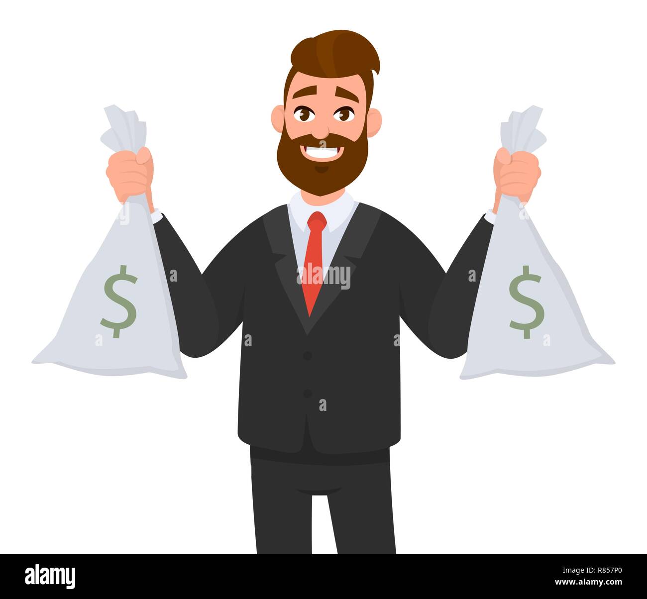 Smiling successful businessman holding cash/money/currency bags and standing isolated in white background. Successful business or finance concept Stock Vector