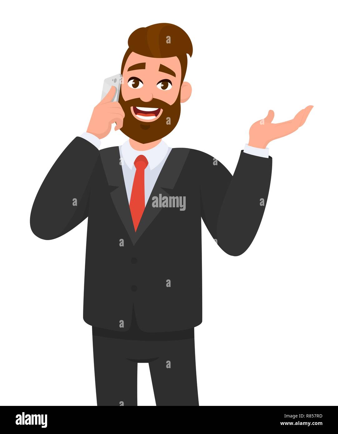 Happy confident businessman speaking on smartphone and gesturing hand to copy space. Business man talking on the mobile phone and standing. Vector Stock Vector