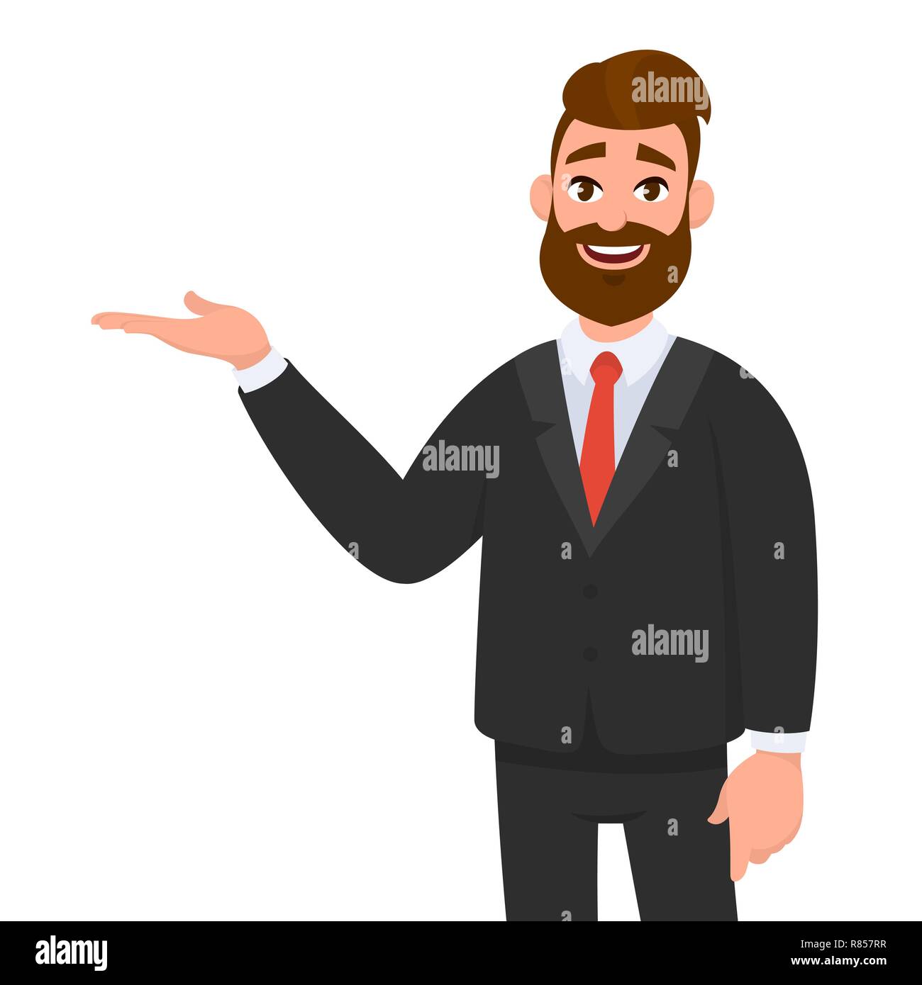 Happy businessman showing hand gesture copy space to present or introduce something. Presentation, advertisement, introduce concept illustration in ve Stock Vector