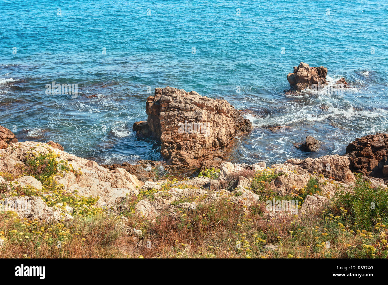 Shooting of the coast between the towns of Juan-les-Pins and Antibes in France Stock Photo