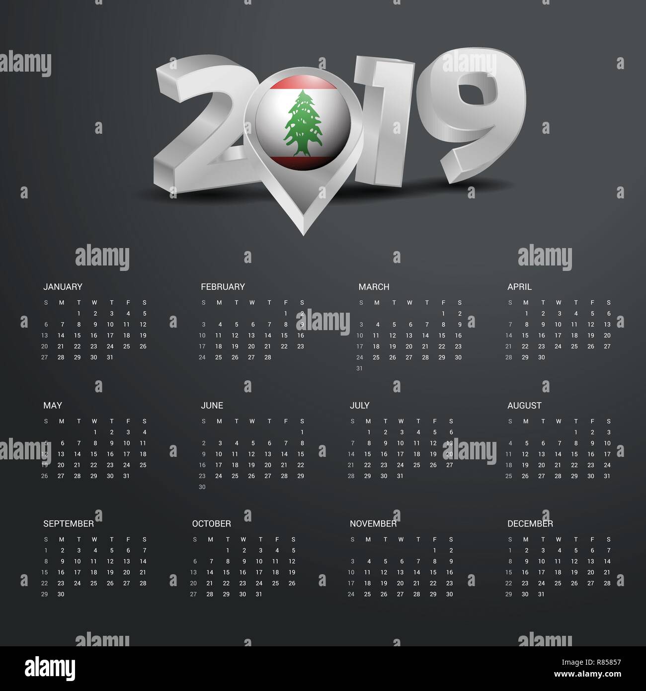 2019 Calendar Template. Grey Typography with Lebanon Country Map Golden Typography Header Stock Vector