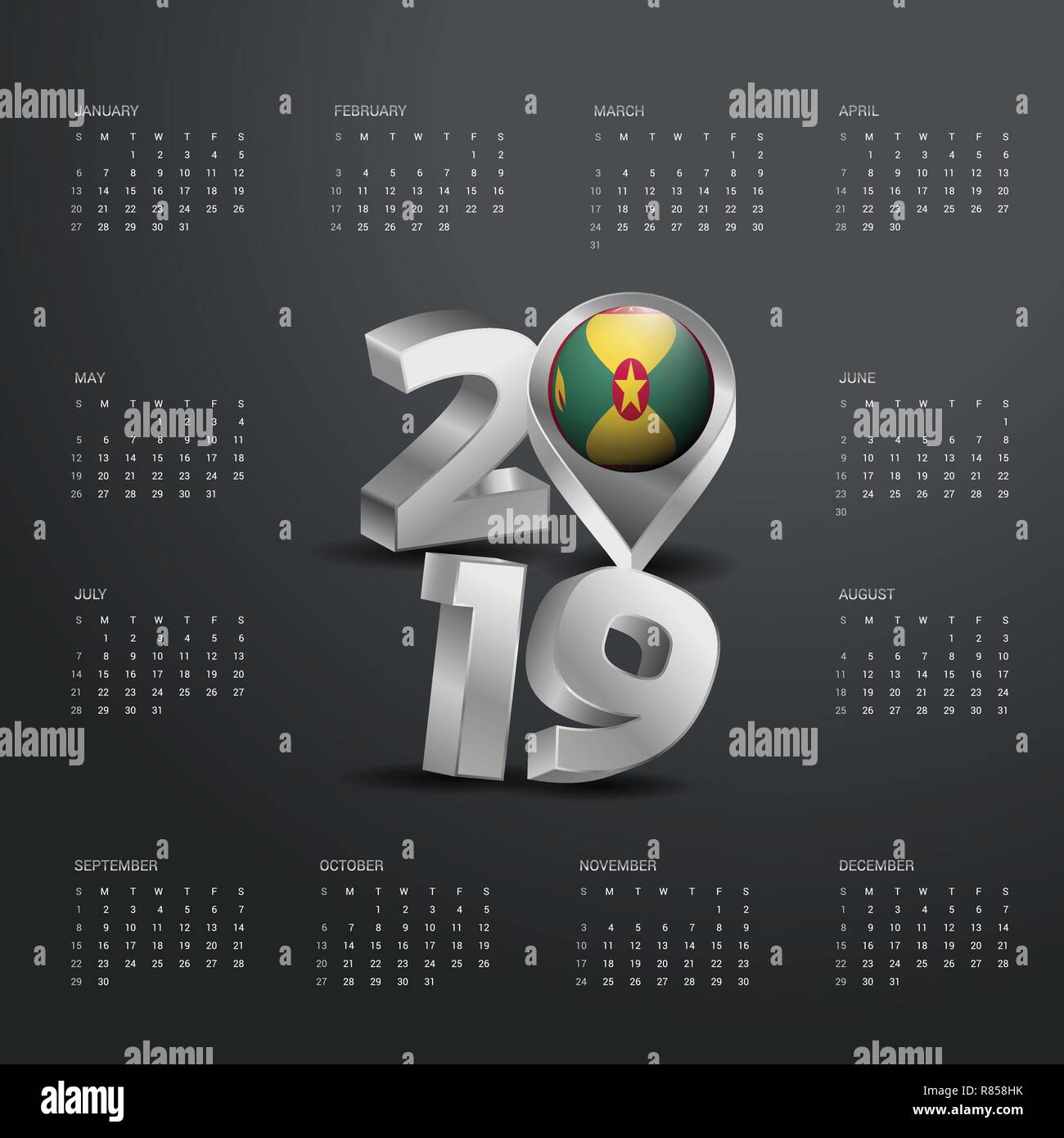 2019 Calendar Template. Grey Typography with Grenada Country Map Golden Typography Header Stock Vector