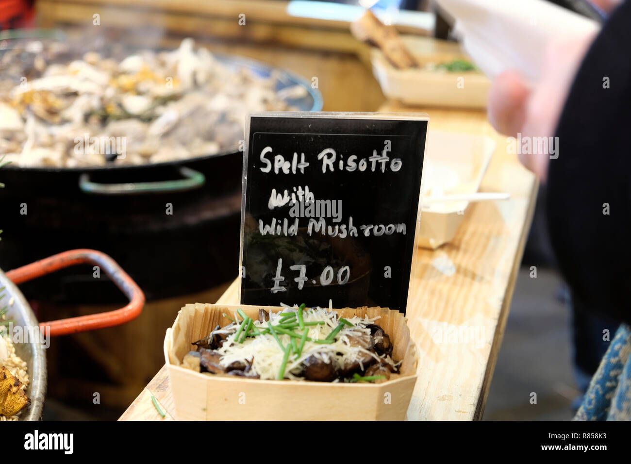 A food stall selling spelt risotto with wild mushrooms at Borough