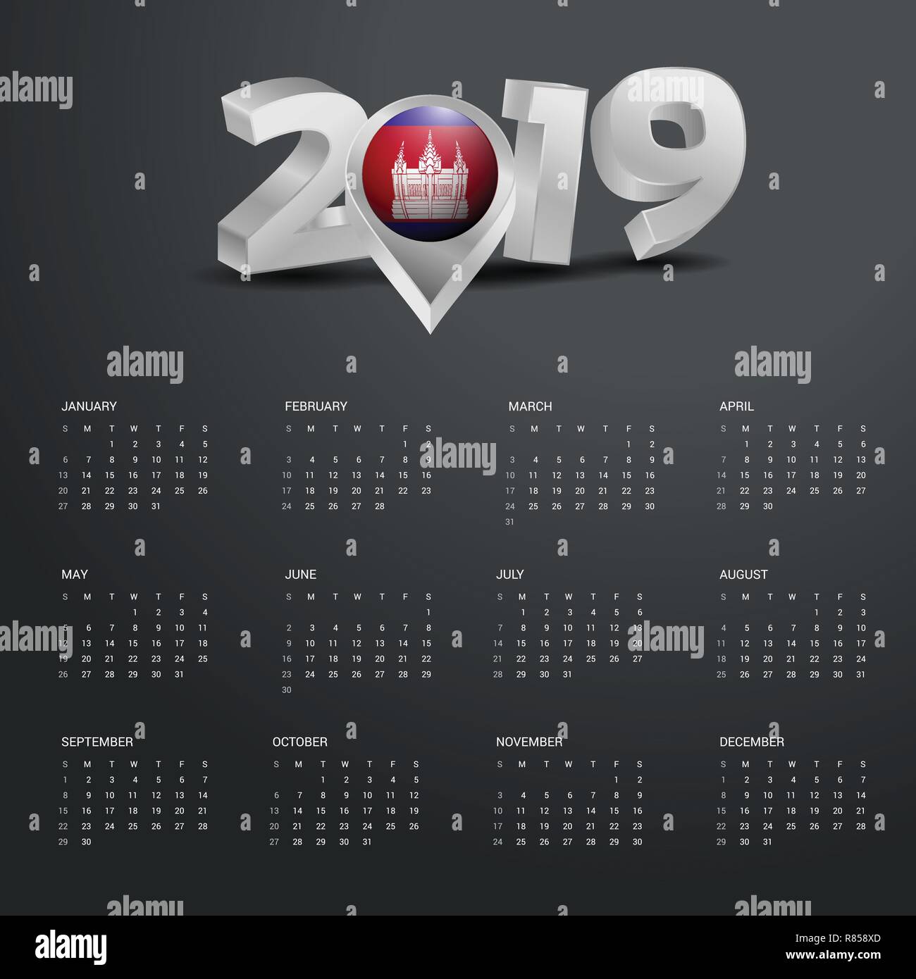 2019 Calendar Template. Grey Typography with Cambodia Country Map Golden Typography Header Stock Vector