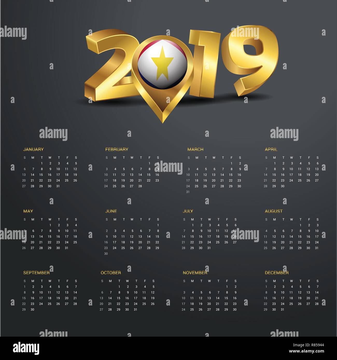 2019 Calendar Template. saba Country Map Golden Typography Header Stock