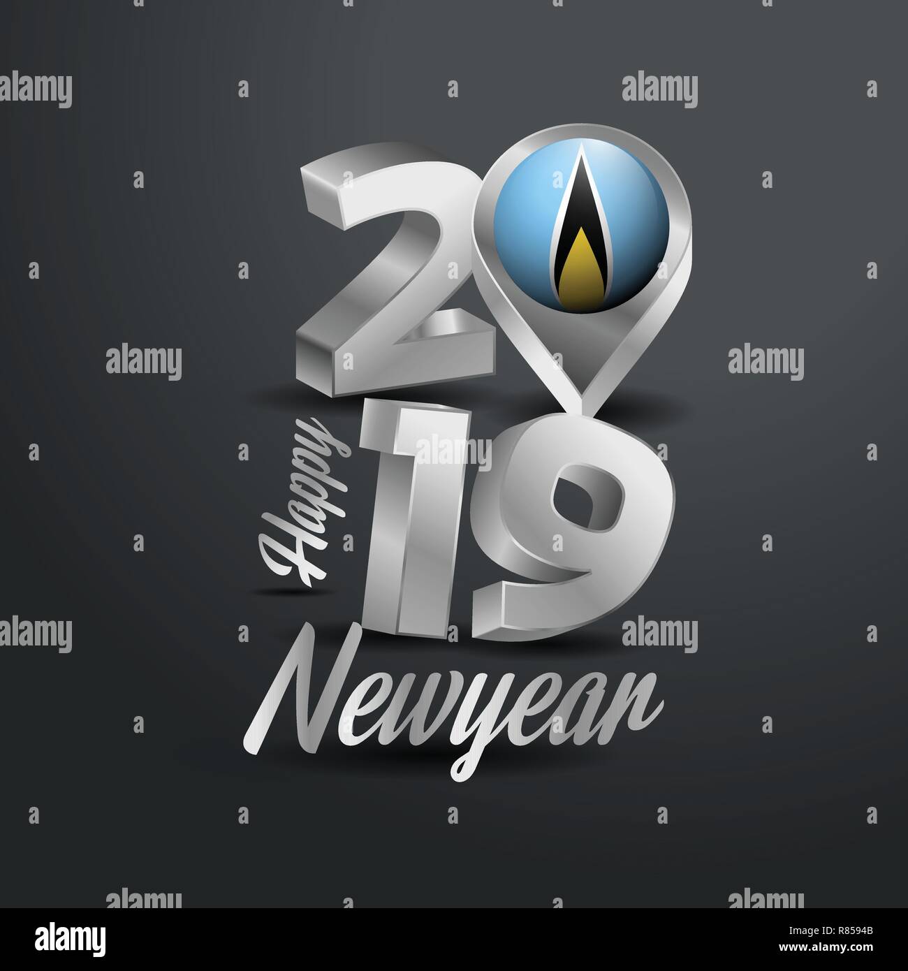 Happy New Year 2019 Grey Typography with Saint Lucia Flag Location Pin. Country Flag  Design Stock Vector