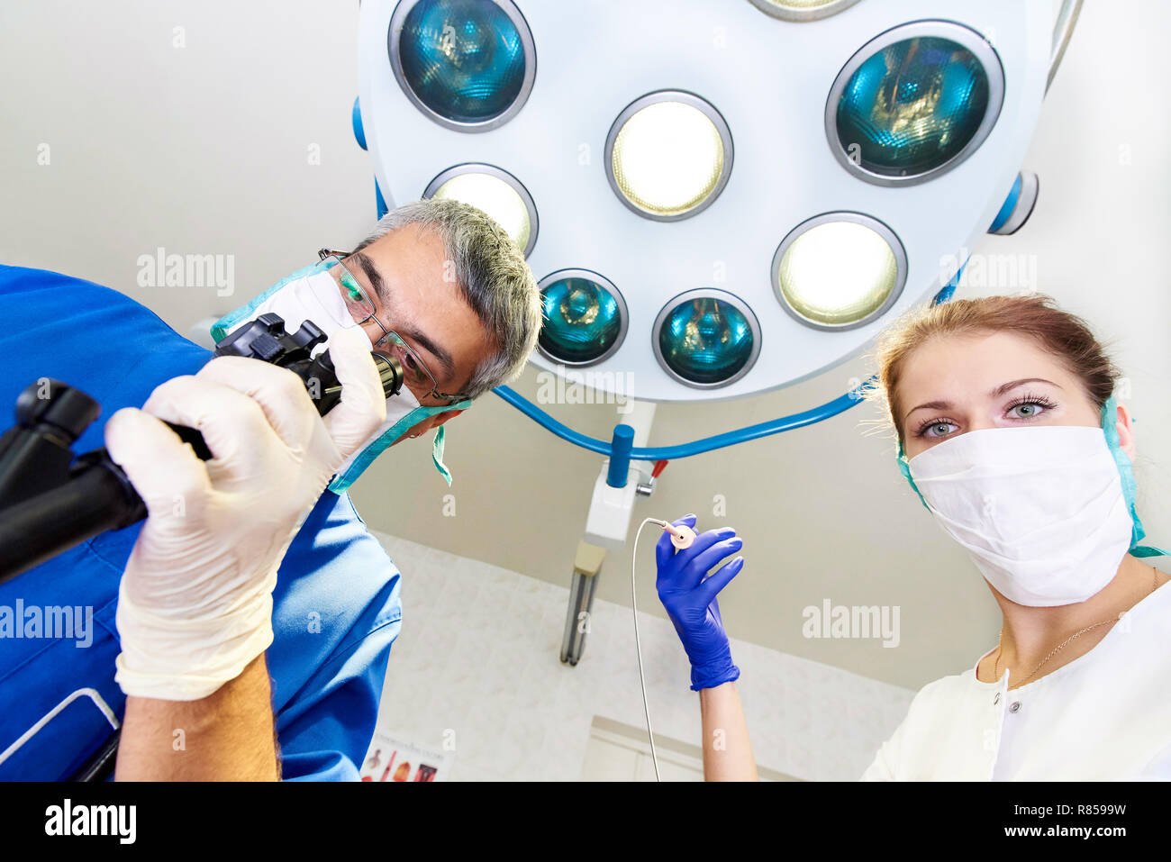 Endoscopy at the hospital. Doctor holding endoscope before gastroscopy