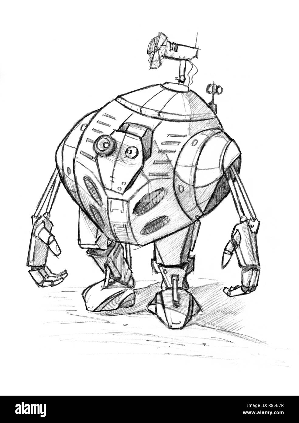 Black Grunge Rough Pencil Sketch of Cute Funny Robot Stock Photo