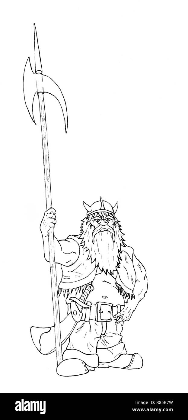 Black Ink Hand Drawing of Fantasy Dwarf Warrior with Halberd Axe Stock Photo