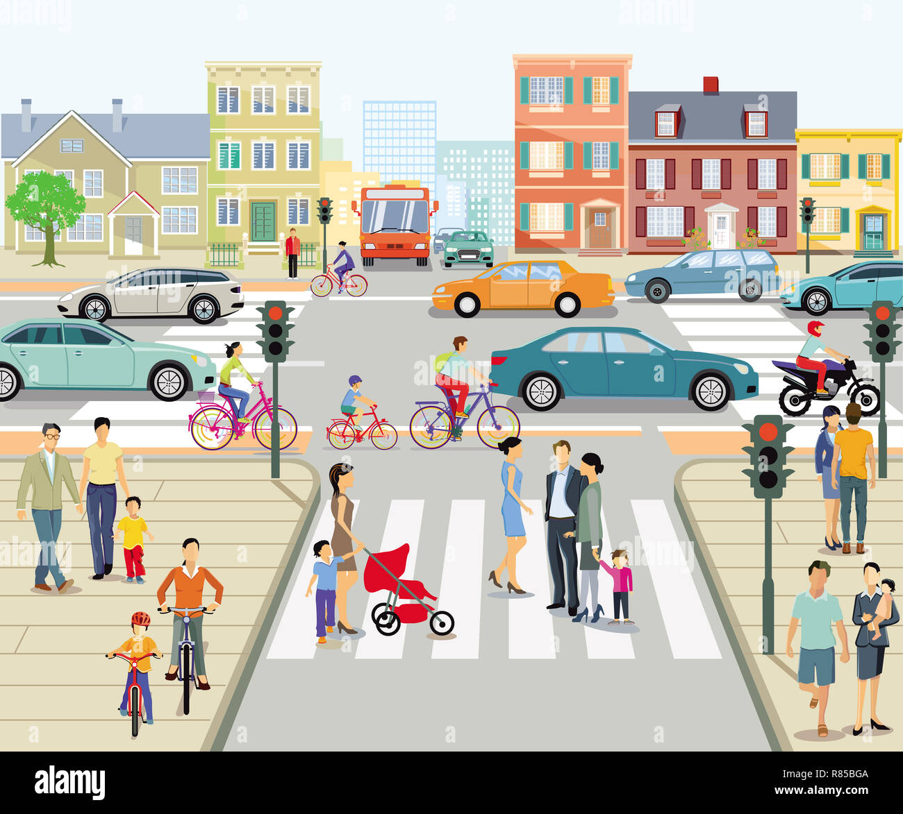 City view with pedestrian crossing and People, illustration Stock Photo ...