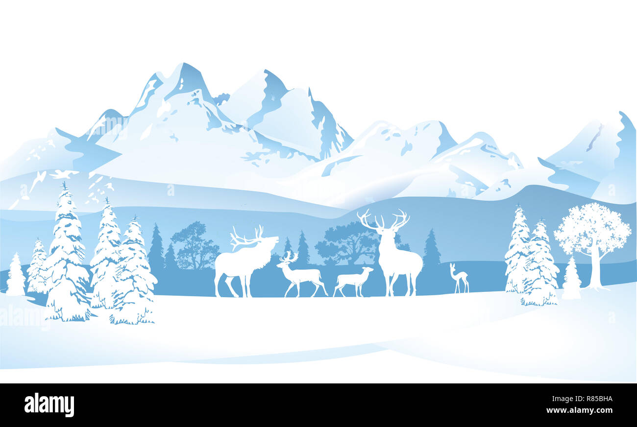 Deers in winter in the mountains, illustration Stock Photo - Alamy