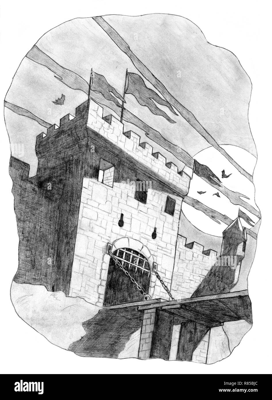 Pencil Drawing of Castle Tower and Gate in Moon Light Stock Photo