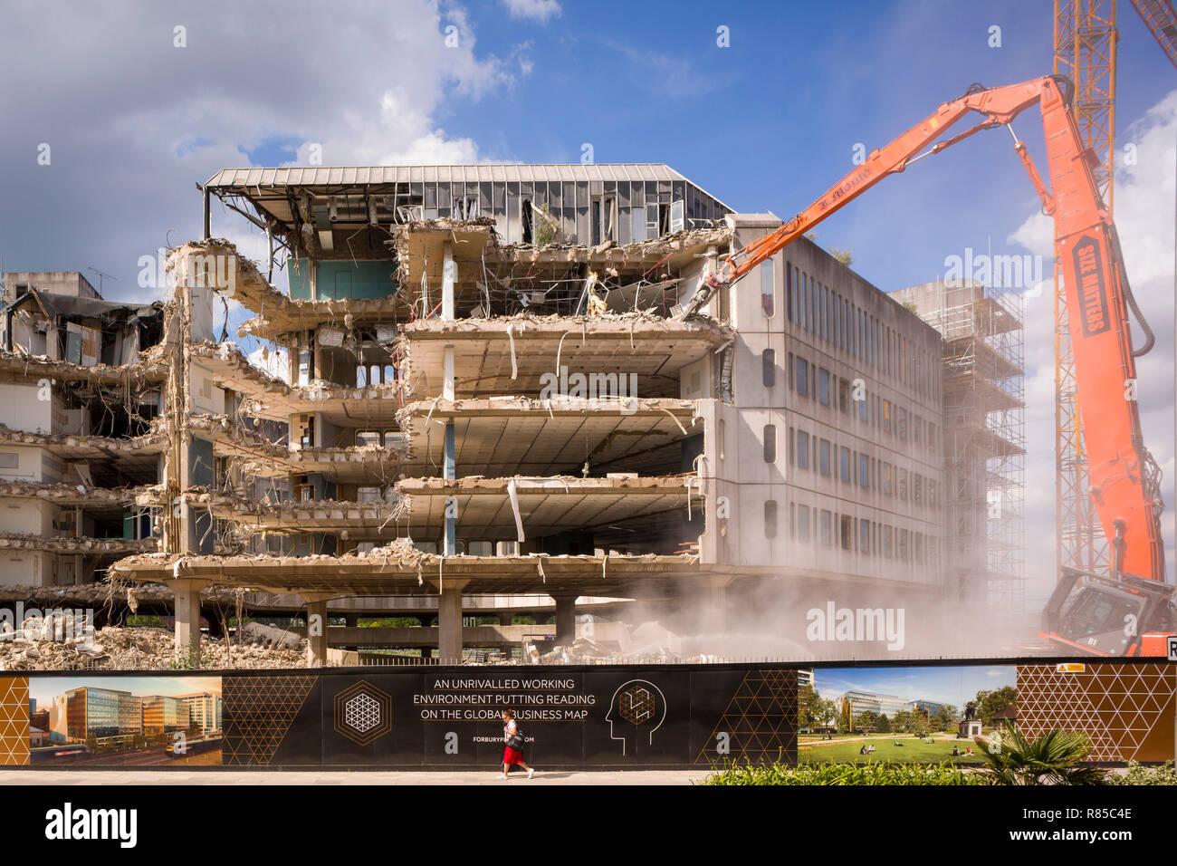 Demolition in progress of the iconic seventies Metal Box Building, Reading, Berkshire, later known as Energis House. Stock Photo