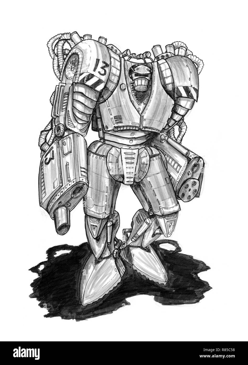 Black Grunge Rough Ink Sketch of Dangerous Armed Robot Soldier Stock Photo