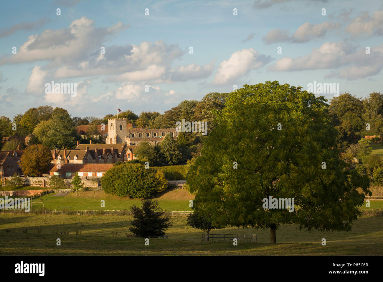 Saint Bartholomew's Church, Ewelme, with the village school and almshouses in the evening light Stock Photo