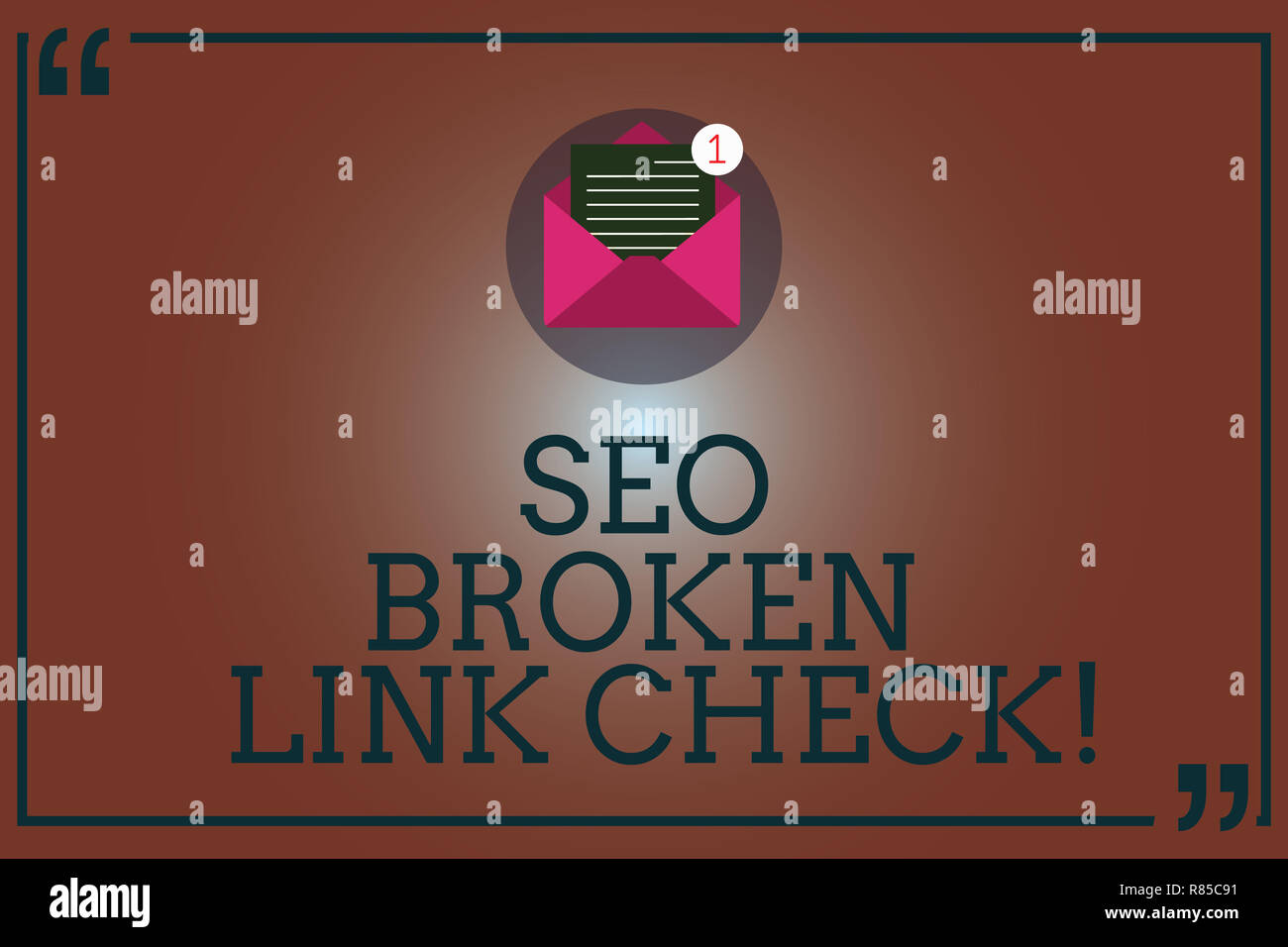 Conceptual hand writing showing Seo Broken Link Check. Business photo showcasing Search engine optimization error in website links Open Envelope with  Stock Photo