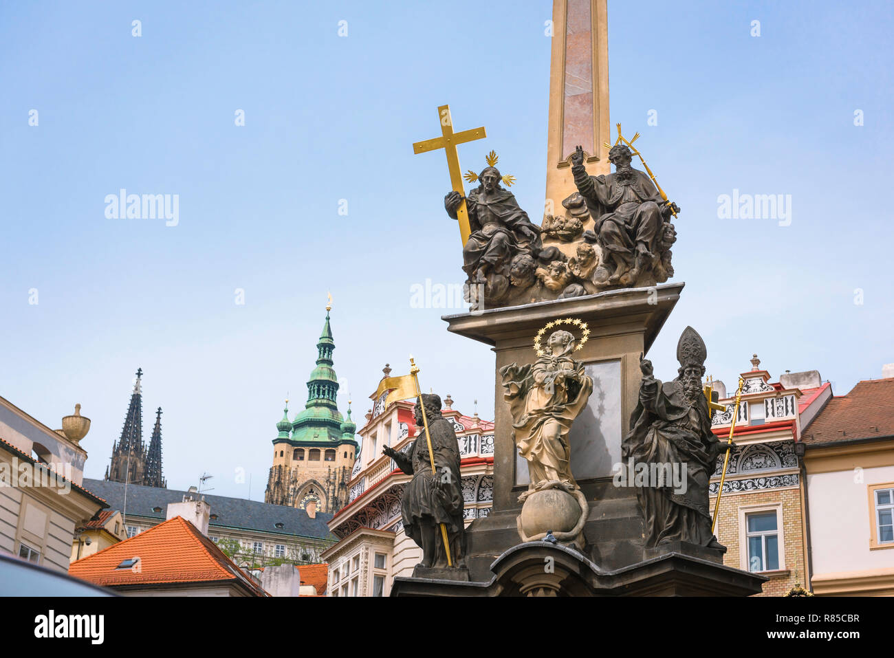 Baroque architecture, view of the 17th century Plague Monument and Baroque buildings sited in Malostranske Namesti in the Mala Strana area of Prague. Stock Photo
