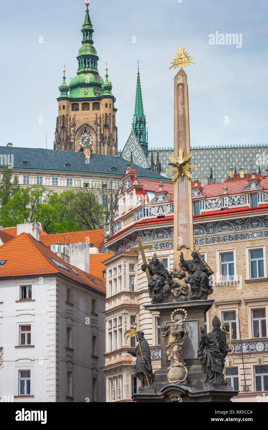 Baroque Prague, view of the 17th century Plague Monument and Baroque buildings sited in Malostranske Namesti in the Mala Strana area of Prague. Stock Photo
