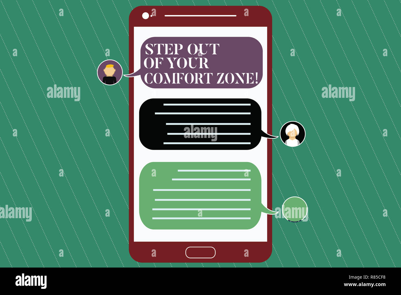 Writing note showing Step Out Of Your Comfort Zone. Business photo showcasing Do different things leave the routine Mobile Messenger Screen with Chat Stock Photo