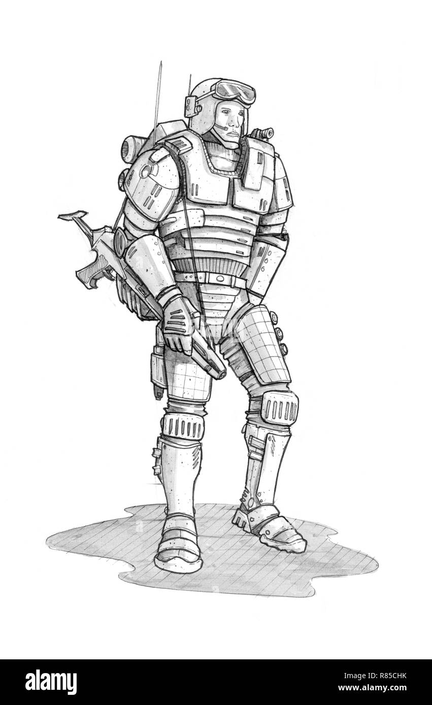 Black Grunge Rough Ink Sketch of Future Sci-Fi Soldier Stock Photo