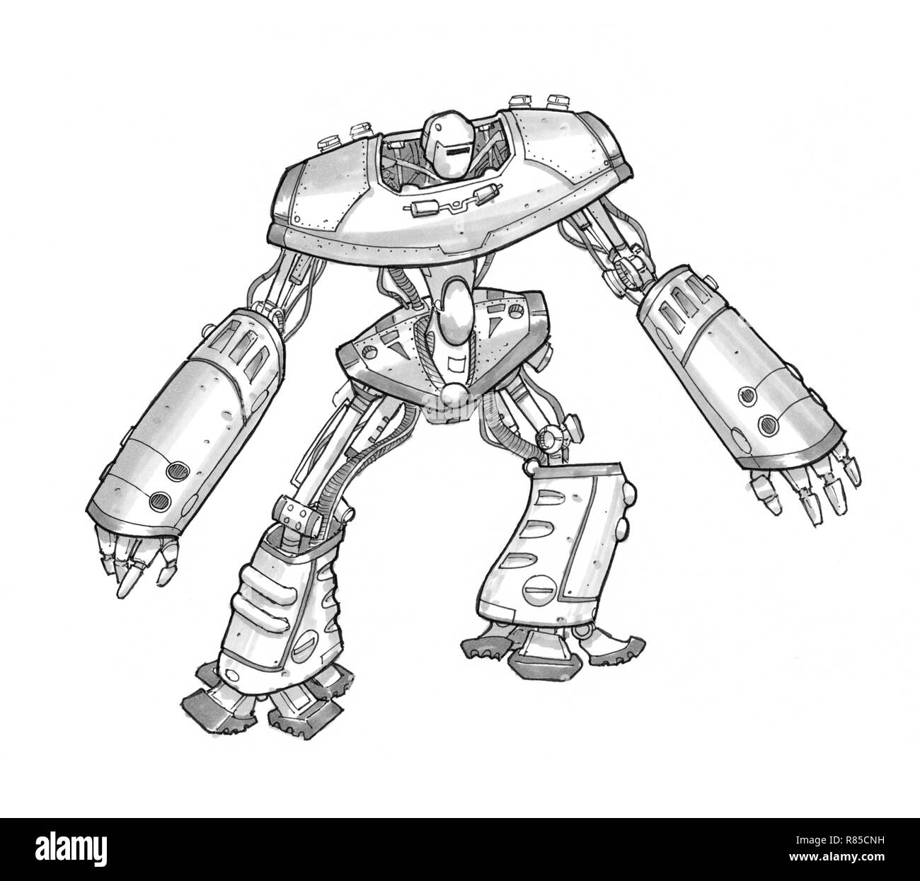 Black Grunge Rough Ink Sketch of Robot Stock Photo