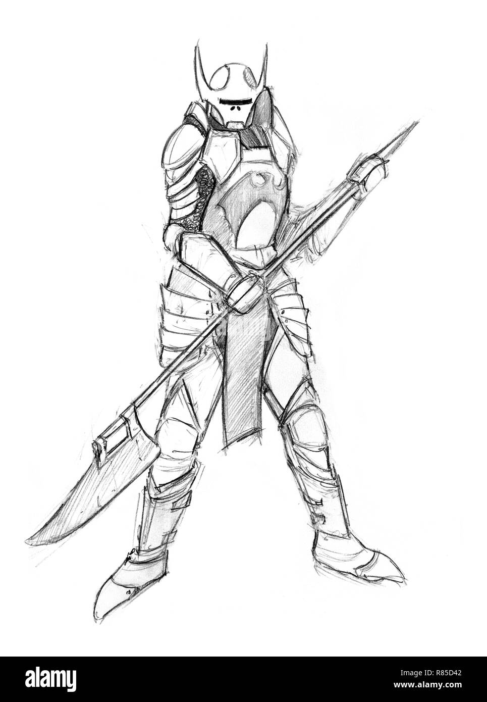 Black Grunge Rough Pencil Sketch of Evil Warrior Knight Stock Photo