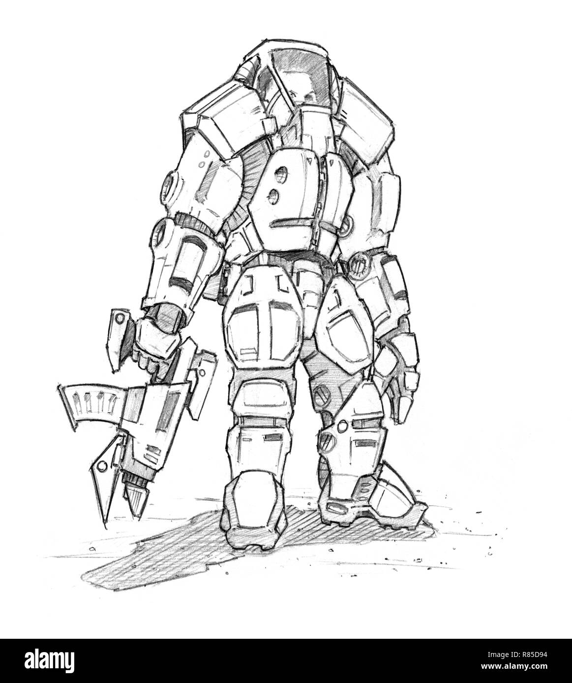 Black Grunge Rough Pencil Sketch of Future Sci-Fi Soldier In Exoskeleton Suit Stock Photo