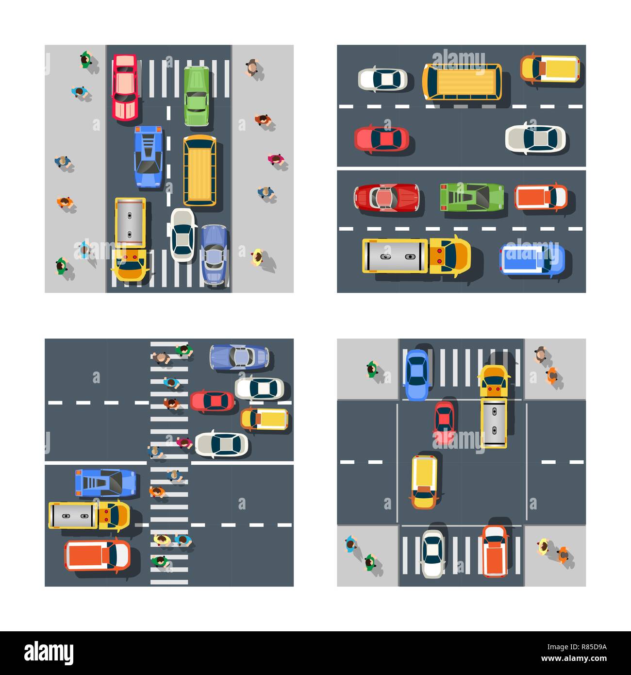 Traffic Transportation set of city streets with traffic, cars and trucks. Urban roadways and sidewalks with pedestrian crossings and people Stock Vector