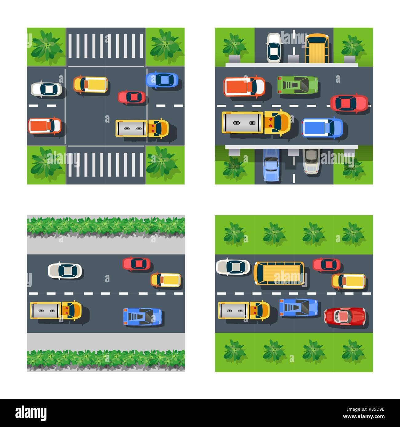Traffic Transportation set of city streets with traffic, cars and trucks. Urban roadways and sidewalks with pedestrian crossings Stock Vector