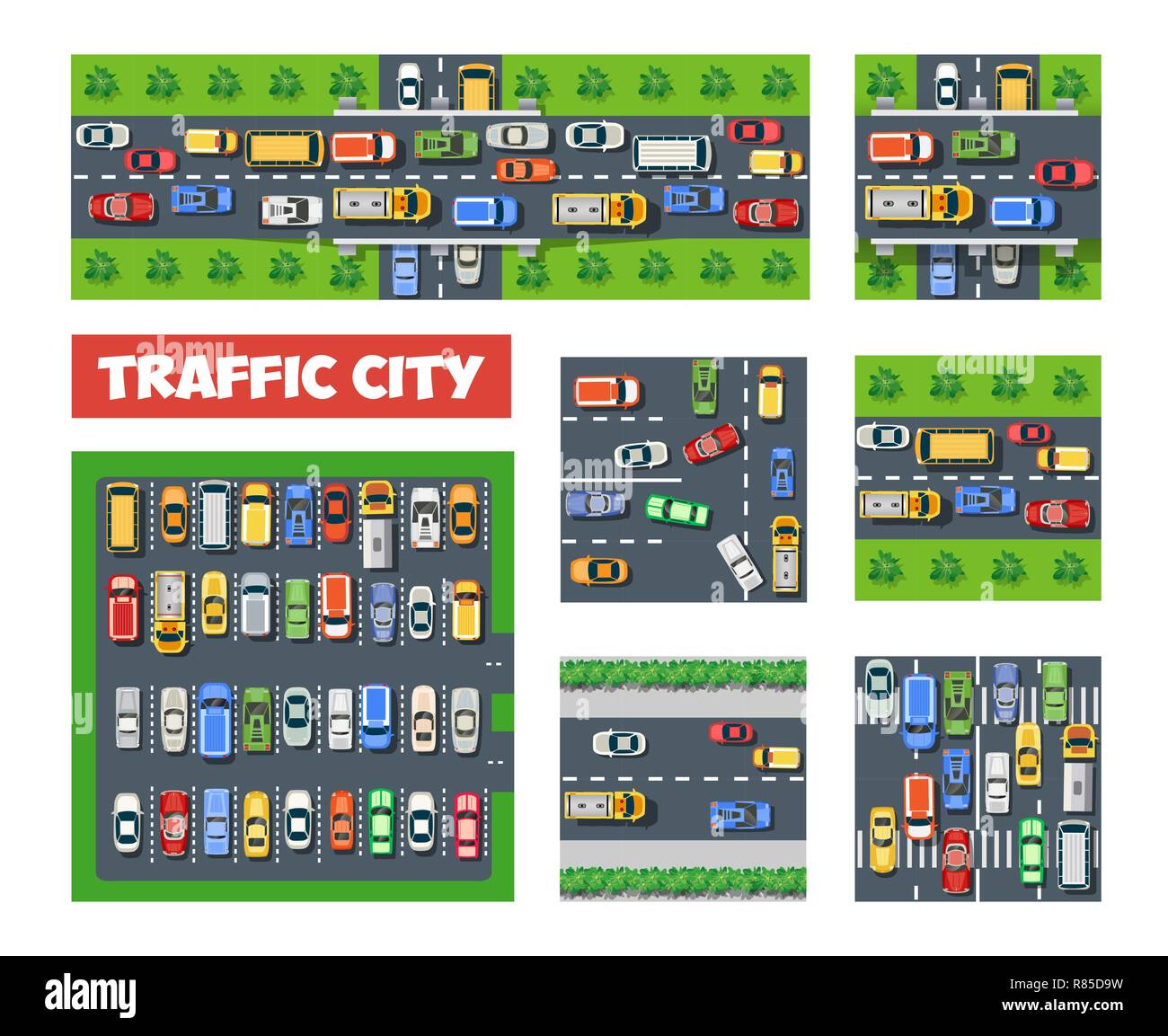 Traffic Transportation set of city streets with traffic, cars and trucks. Urban roadways and sidewalks with pedestrian crossings and people Stock Vector