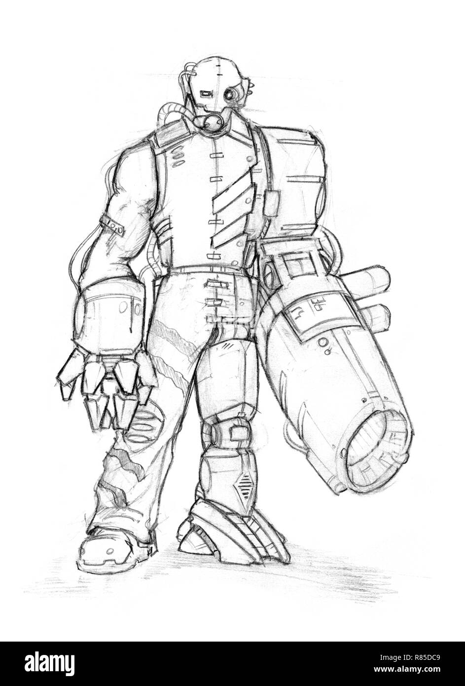 Black Grunge Rough Pencil Sketch of Cyborg With Gun Instead of Hand Stock Photo