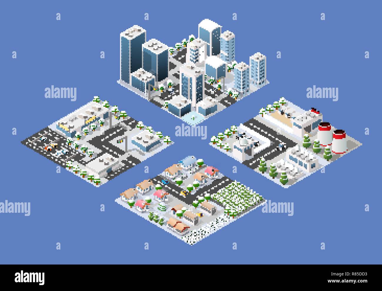 Set of isometric module of the modern 3D city. Winter landscape snowy trees, streets. Three-dimensional views of skyscrapers, houses, building and urb Stock Vector