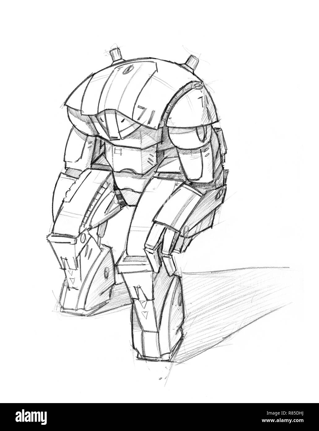 Black Grunge Rough Pencil Sketch of Robot Stock Photo