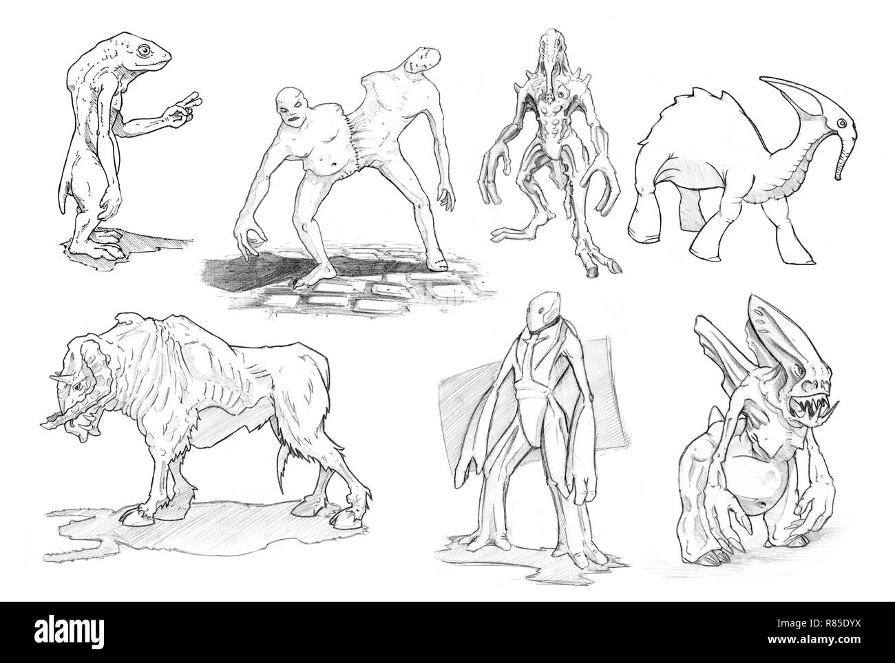 Set of Pencil or Ink Drawings of Various Fantasy or Sci-fi Monsters Stock Photo