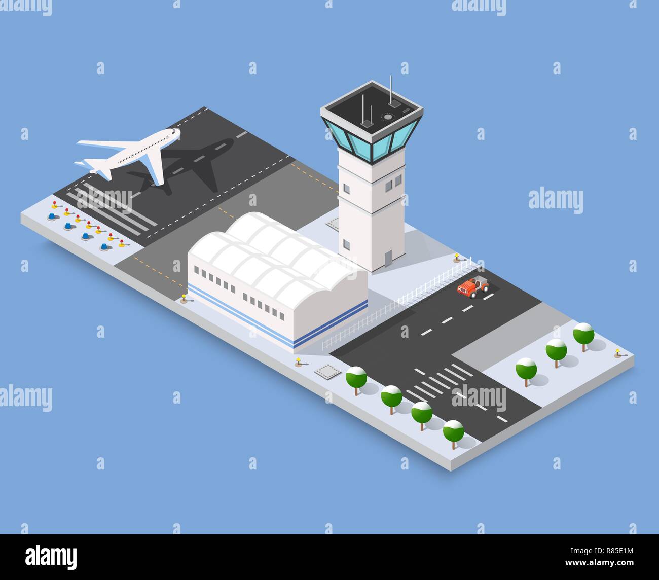Isometric Christmas New Year airstrip of the city international airport terminal and the plane transportation and airplane runway, aircraft jet. Urban Stock Vector