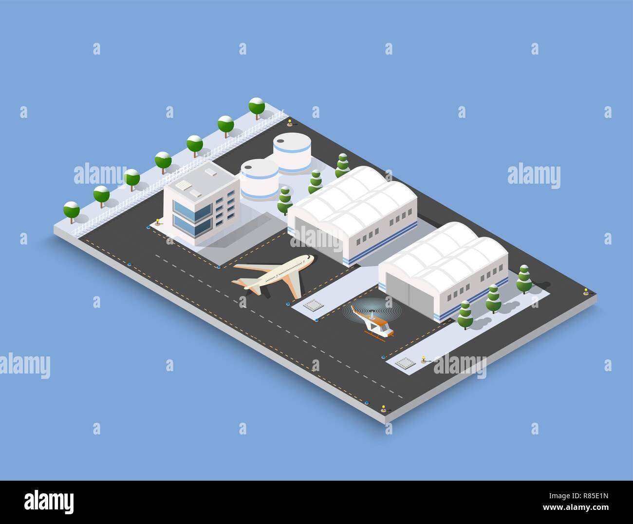Isometric Christmas New Year airstrip of the city international airport terminal and the plane transportation and airplane runway, aircraft jet. Urban Stock Vector