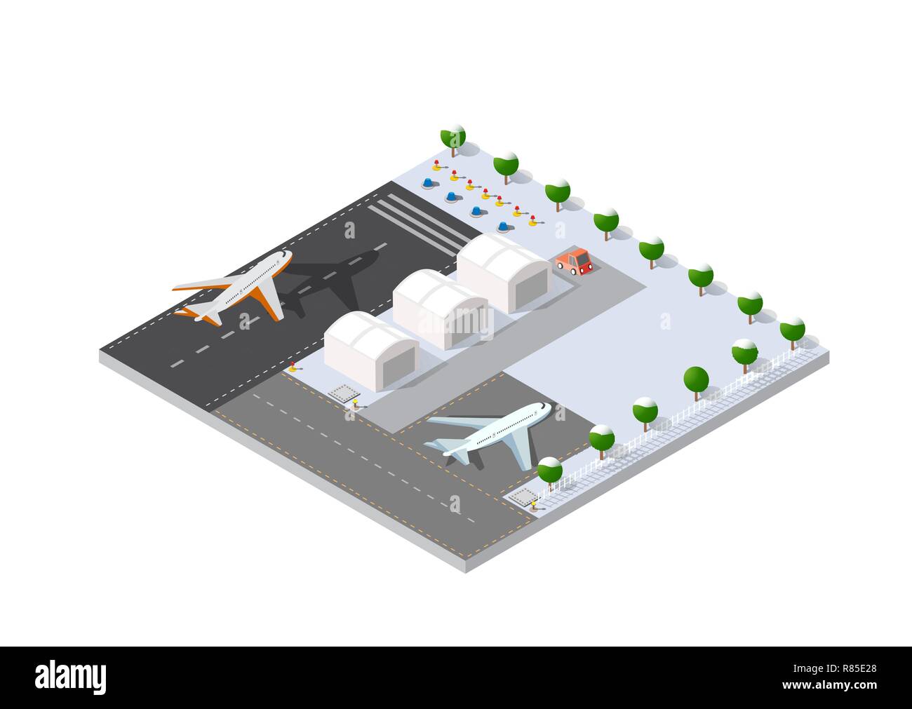 Isometric Christmas New Year airstrip of the city international airport terminal and the plane transportation and airplane runway, aircraft jet. Urban Stock Vector