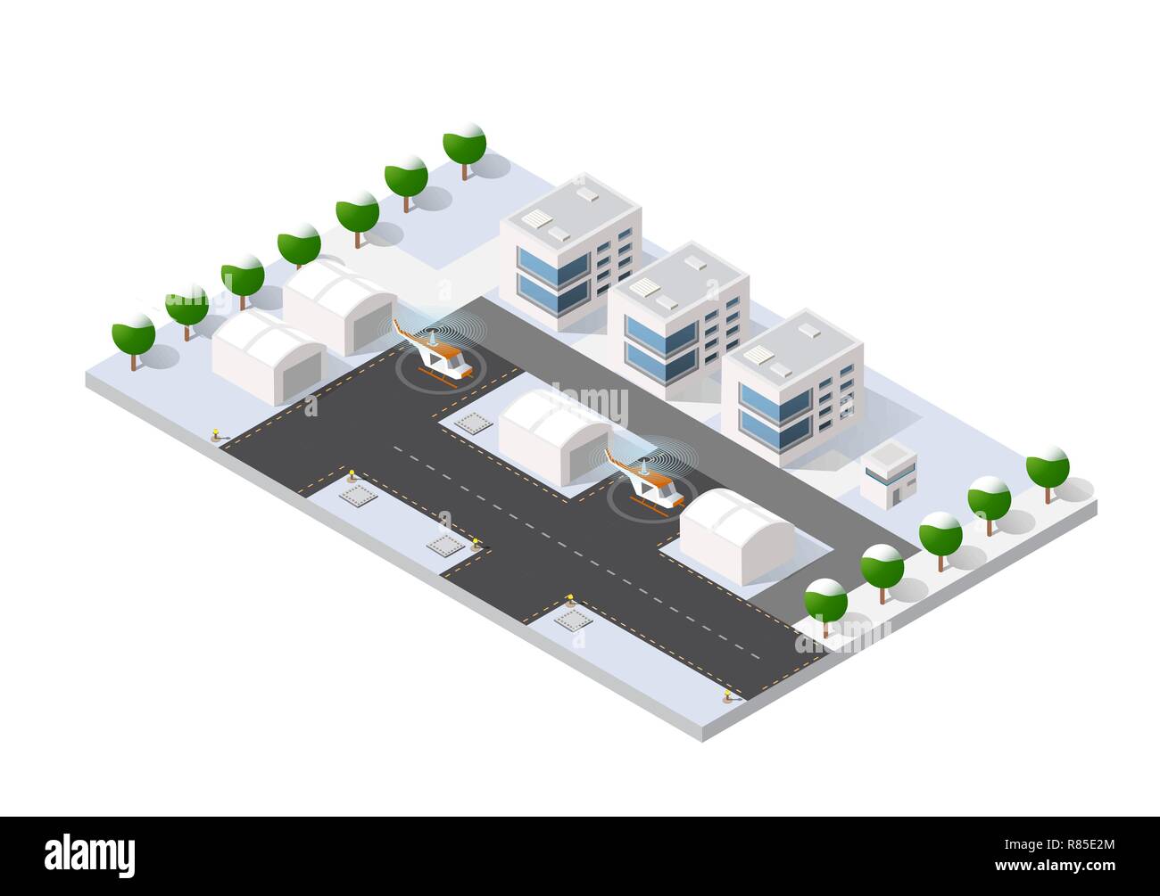 Isometric Christmas New Year airstrip of the city international airport terminal and the plane transportation and airplane runway, aircraft jet. Urban Stock Vector