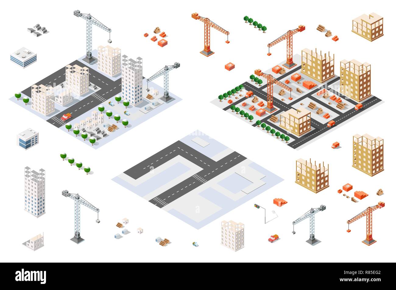 Flat 3d architectural set isometric creative planning, web infographic vector. Skyscraper building sketch plan construction place builders crane proce Stock Vector