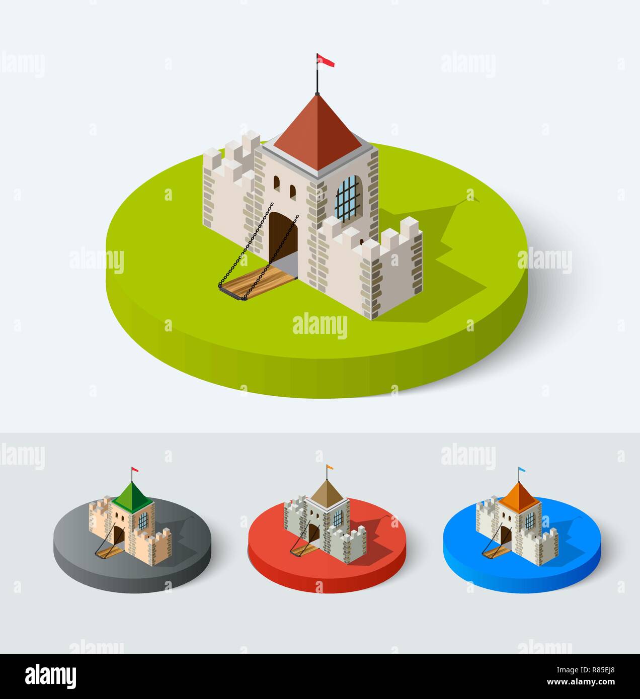 Medieval castle icon vector set. Fort tower isometric building city urban element in flat style. Knights, royal, princess fortress sign. Stock Vector