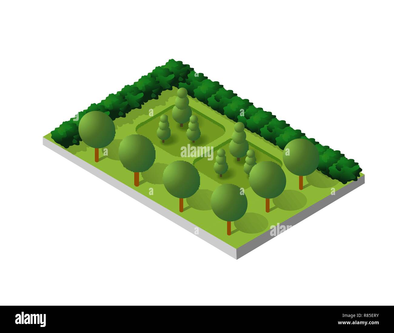 Isometric buildings city park furniture. Parkland garden concept with ...