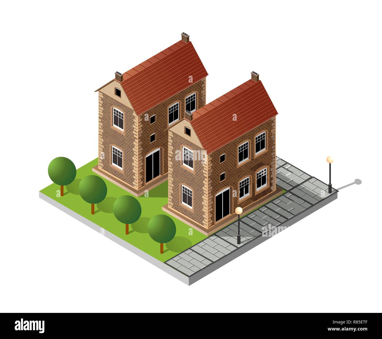 Retro isometric country house municipal infrastructure and city objects ...