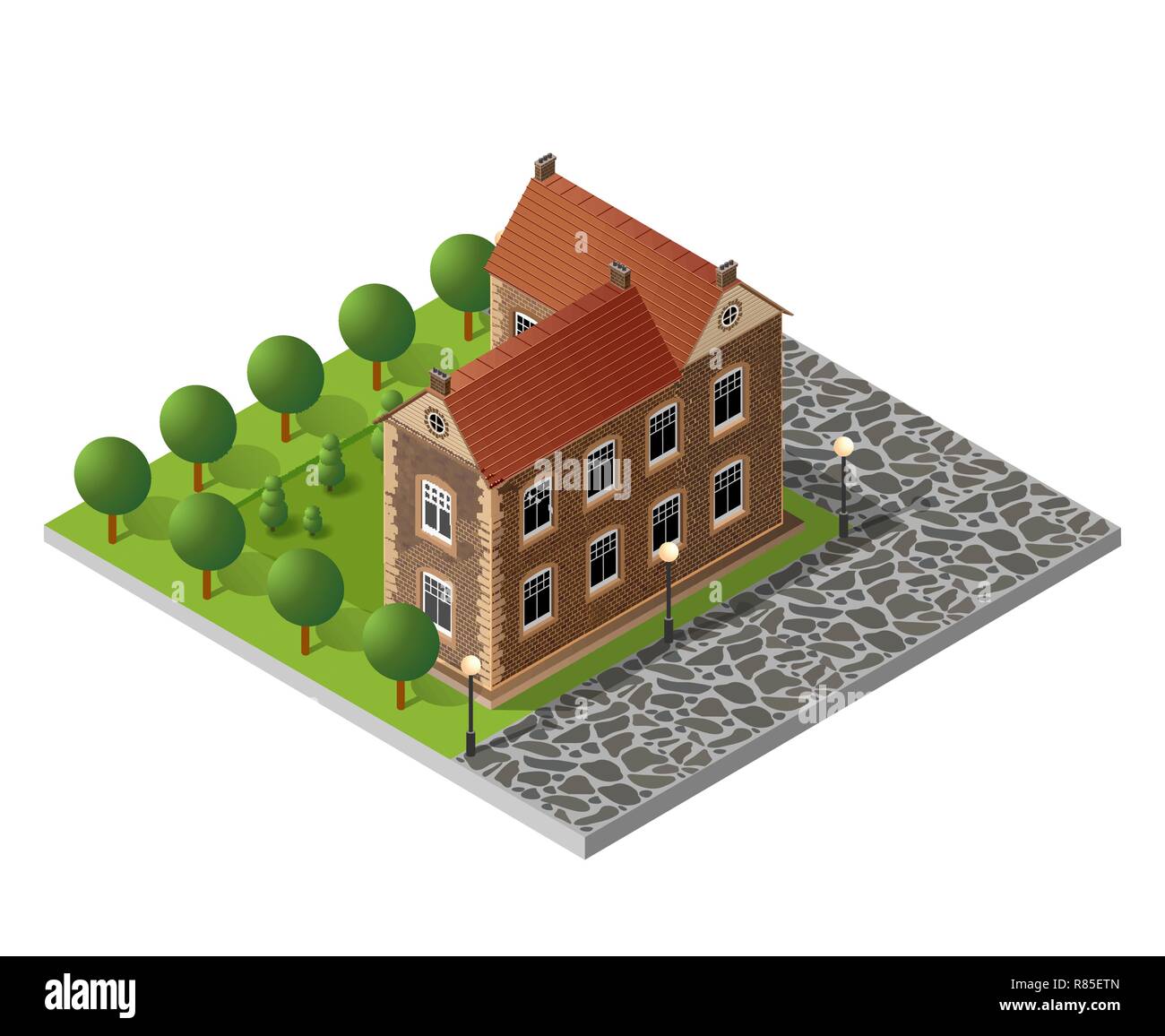 Retro isometric country house municipal infrastructure and city objects ...