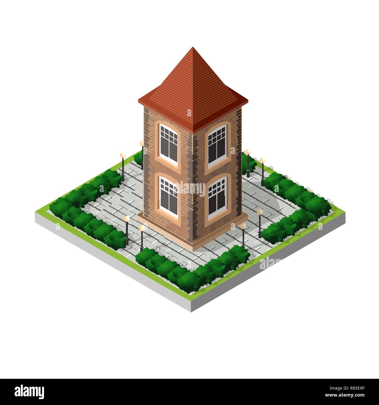 Retro isometric country house municipal infrastructure and city objects ...