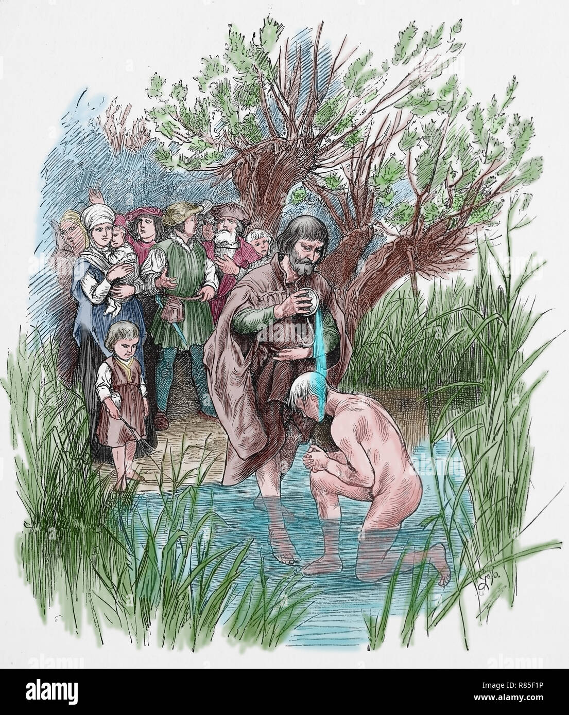 16th century. Europe. The Anabaptists. Adult baptism. Engraving by Germania, 1882. Stock Photo